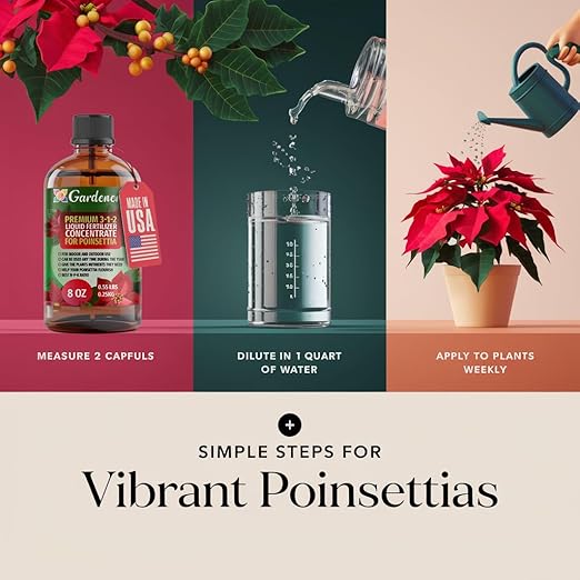 Gardenera Poinsettia Plant Fertilizer - 3-1-2 NPK - Organic Liquid Plant Food for Christmas Flowers and Trees - 32oz Concentrate