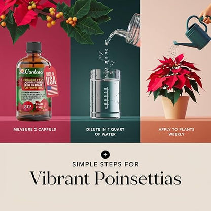 Gardenera Poinsettia Plant Fertilizer - 3-1-2 NPK - Organic Liquid Plant Food for Christmas Flowers and Trees - 8oz Concentrate