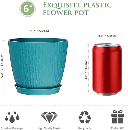 6 inch Plant Pots, 5 Pack Flower Pots with Drainage Holes and Saucers for Indoor Plants, Plastic Planters with Water Ripple for Small Garden House Plants, Nursery Pots for Succulent, Blue Green