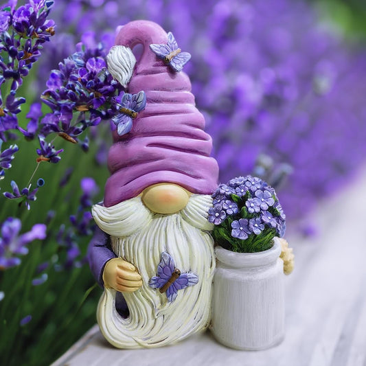 OrnamentallyYou Garden Grace Lavender Gnome Figurine, 10" Purple Home Decor Statue with Butterflies and Flowers