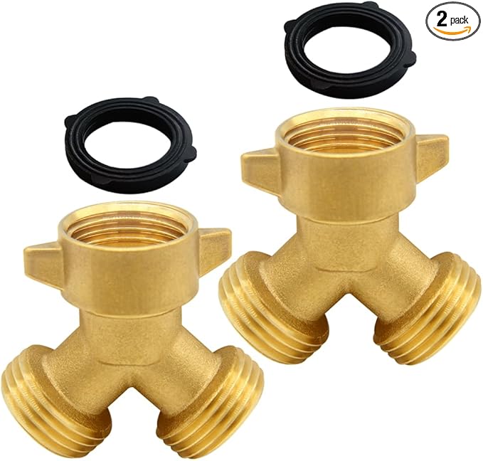 2PCS Garden Hose Splitter Brass 3/4" GHT Thread Heavy Duty Swivel 2 Way Y Connector with Washers Garden Hose Adapter for Backyard Water Tap, Outlet, Spigot