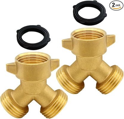2PCS Garden Hose Splitter Brass 3/4" GHT Thread Heavy Duty Swivel 2 Way Y Connector with Washers Garden Hose Adapter for Backyard Water Tap, Outlet, Spigot