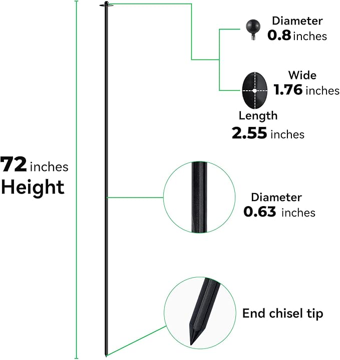 72 Inch Garden Stake Netting Support, Black Heavy Duty Powder Coated Steel Frame for Garden Fencing, Plant & Crop Protection from Wildlife (6 Sets)