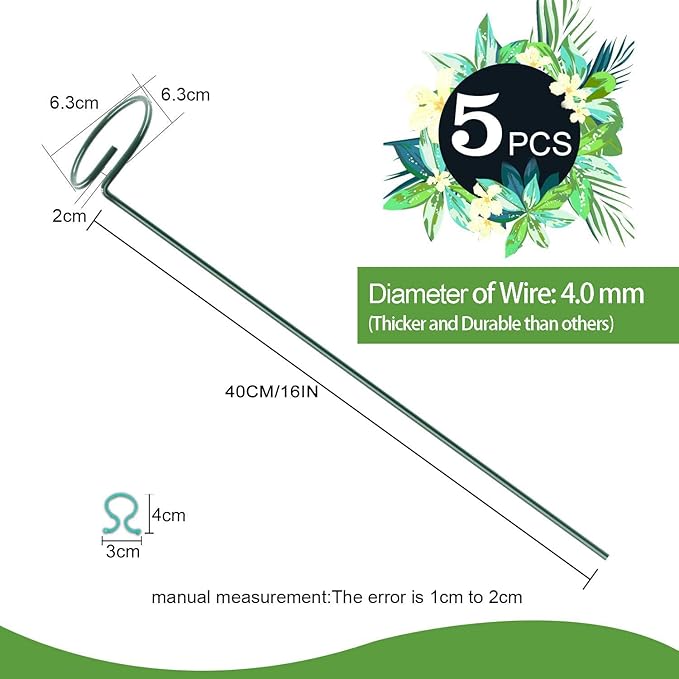 HiGift 5 Pack Plant Support Stakes, Garden Single Stem Flower Support Stick Metal Amaryllis Plant Cage Support Rings with 10pcs Plant Clips for Orchid Lily Peony Rose Stem (40 cm/16 inch Long)