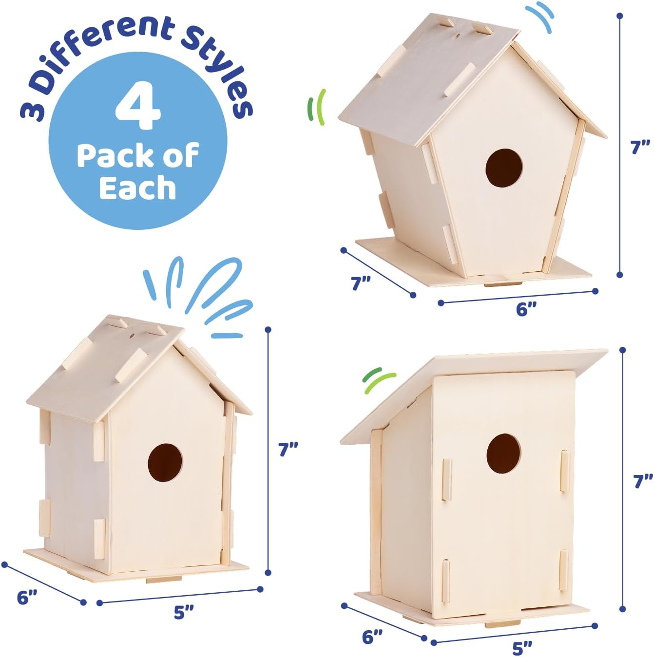 Neliblu DIY 12 Wooden Bird House Kits - Creative Arts and Crafts Set for Kids and Adults - Unfinished Wood Birdhouses with Paint Strips, Brushes, Stickers and Strings - 3 Unique Shapes, 2 Sizes
