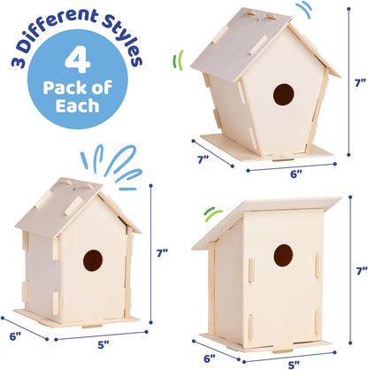 Neliblu DIY 12 Wooden Bird House Kits - Creative Arts and Crafts Set for Kids and Adults - Unfinished Wood Birdhouses with Paint Strips, Brushes, Stickers and Strings - 3 Unique Shapes, 2 Sizes