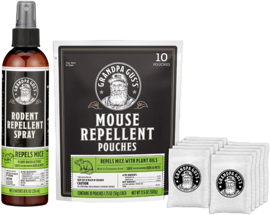 Grandpa Gus's Mouse Rodent Repellent Spray (8 oz) Bundled with Mouse Repellent Pouches (10 Pouches)