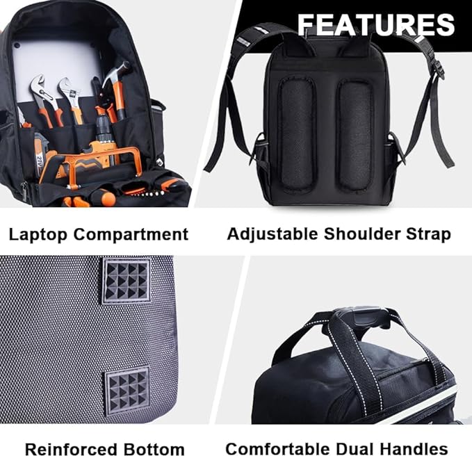 Tool Backpack for Men 18 Inch Heavy Duty Waterproof Multiple Pockets Tool Bag Organizer with Shoulder for Electrician Mechanics HVAC Engineer
