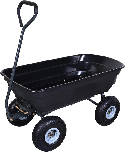AAIN Heavy Duty Garden Cart with 10" Pneumatic Plastic Tires, 600LB Capacity, 180° Rotating Handle & Quick Release System, Black 4 Cu.Ft Poly Dump Wagon for Yard, Outdoor, Beach, Home