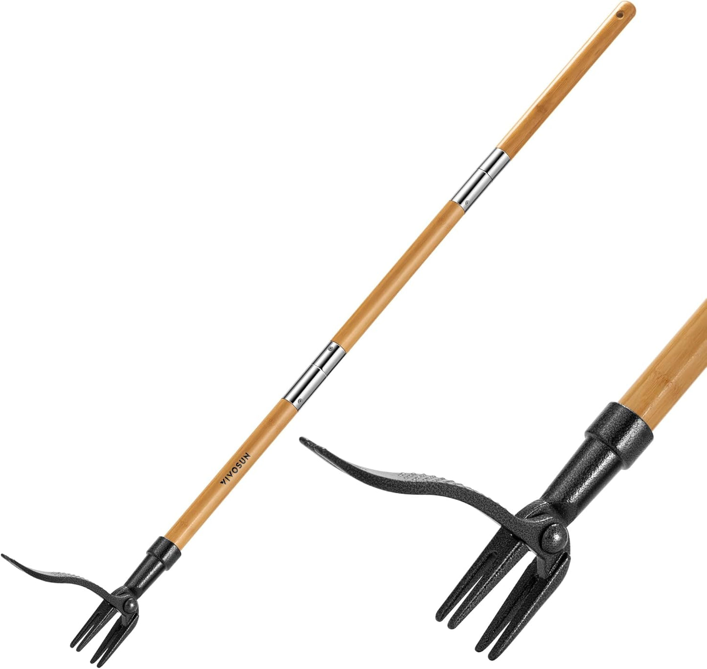 VIVOSUN 47" Weed Puller, Stand-Up Weed Puller Tool with Bamboo Handle & 4-Claw Steel Head, Sectional Pole Design, Easy Weeding Without Pulling, Bending, or Kneeling