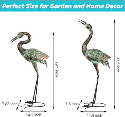 Shorayn Garden Crane Statues, Blue Heron Sculptures for Outdoor, Cranes Decor Metal Bird, Patina Garden Art Lawn Ornaments for Yard Patio Porch Outside Decorations