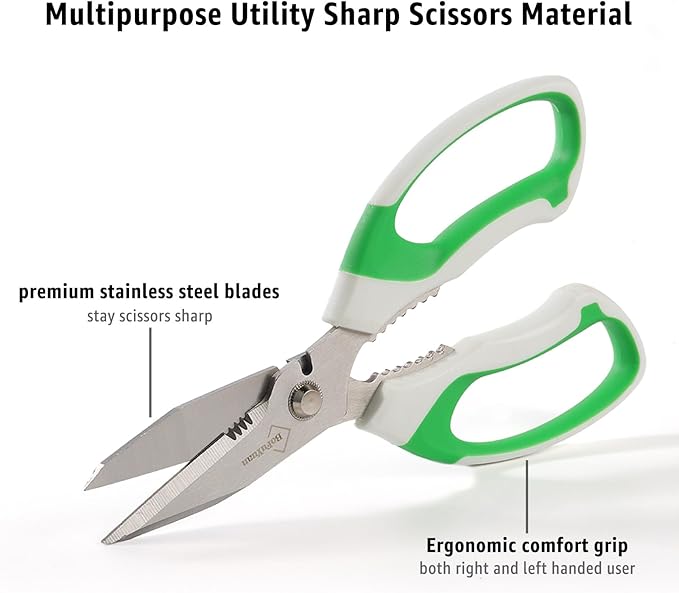8-Inch Heavy Duty Utility Scissors All Purpose, Serrated Blade, Green Comfort Grip for Cutting Carpet, Cardboard, Leather, Fabric, Multipurpose Sharp Shears for Kitchen, Garden, Office, Carft