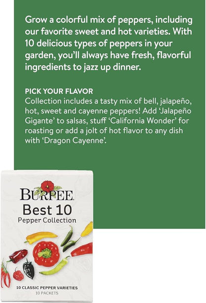 Burpee Best Collection | 10 Packets of Non-GMO Fresh Mix of Hot Pepper & Sweet Varieties | Jalapeno, Bell Pepper Seeds & More, Seeds for Planting