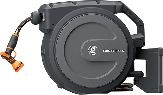 Giraffe Tools Retractable Garden Hose Reel 1/2 Inch x 100 ft, Super Heavy Duty, Any Length Lock, Slow Return System, Wall Mounted and 180 Deg Swivel Metal Bracket