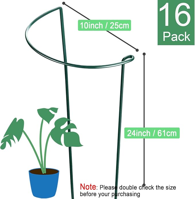 HiGift 16 Pack 24 Inch Plant Support Stakes, 10" Wide x 24" High Half Round Metal Garden Plant Stake Peony Support Cage, Green Plant Support Ring Border for Tomato,Hydrangea,Flower Indoor Outdoor