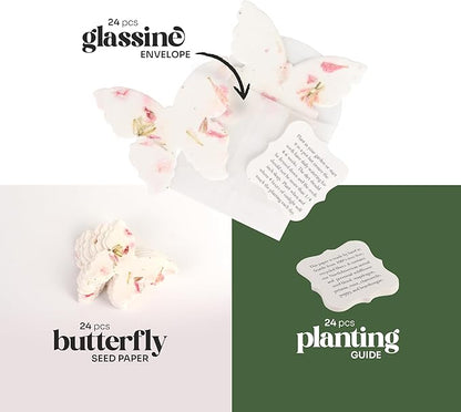 Wildflower Seed Paper - Set of 24 Pink Butterfly-Shaped with Envelope and Planting Instruction, Writable & Plantable Gift for Mom and Plant Lover, Ideal for Weddings, Memorials, Baby Shower