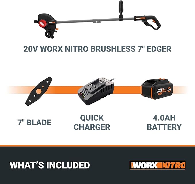 WORX Nitro 20V 7" Cordless Edger 3 Depth Settings, Battery Powered Driveway Edger with Dual Wheels, High-Performance Brushless Trencher Precision Edge Guide WG898 – Battery & Charger Included