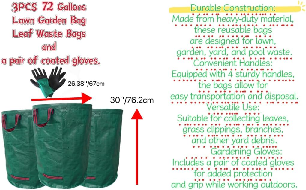 3-Pack 72Gallons Reusable Yard Waste Bags,Leaf Bags,Heavy Duty Garden Bags(26"D x 30"H) With 4 Handles,and With Gardening Gloves,For Lawn Yard Pool Plant Trash Trimming etc..