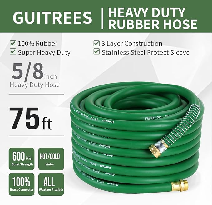 75FT 5/8 Heavy Duty Rubber Garden Hose - 200psi Working, 1000psi Burst - Hot/Cold Water - Five-Layered Braiding for Durability - Versatile for Gardening, Agriculture, Construction(Green)