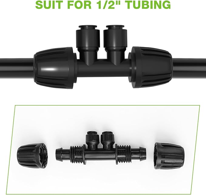 Bonviee 10 Pack 1/2” to 1/4” Reducing Tee Connectors, Split 1/2” Tubing into Two 1/4” Branches, Push-to-Connect Quick Install Drip Irrigation Fittings, Leak-Proof Adapter for Garden, Lawn, Greenhouse