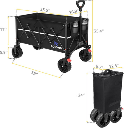 Collapsible Wagon Cart with Wheels Foldable - Folding Utility Heavy Duty Wagons Carts for Grocery Sports Garden Shopping Camping Wheelbarrows (Black, 150L)