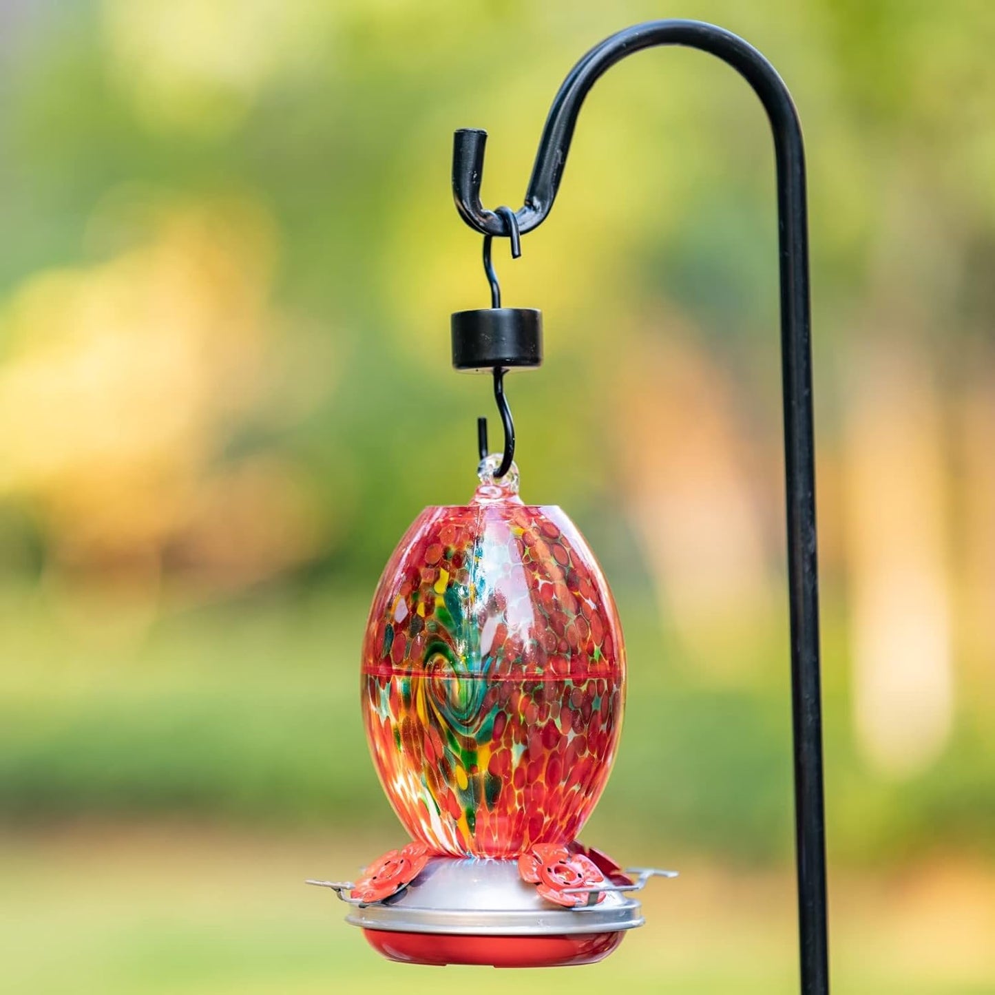 Muse Garden Glass Humming Bird Feeders for Outdoors - 27OZ Blown Glass Hummingbird Feeder - Unique Gift for Mom Women Grandparents, Outdoors Hanging Garden Decor, Includes Ant Moat & Brush, Red Swirl