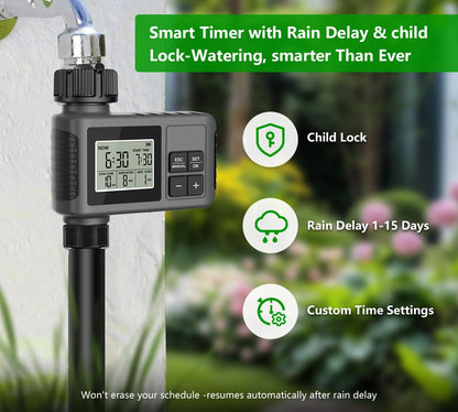 60FT Drip Irrigation System with Water Timer – Automatic Garden Watering Kit with 360° Bendable Hose & Adjustable Nozzles, Smart Irrigation System for Greenhouse, Lawn, Yard & Plants