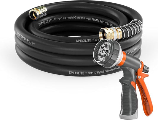 SPECILITE Garden Water Hose 25 ft x 3/4 in Heavy Duty, Flexible and Lightweight, Burst 600 psi, Kink-less Hybrid Rubber Pipe for Backyard, 3/4'' Brass Fittings, Black