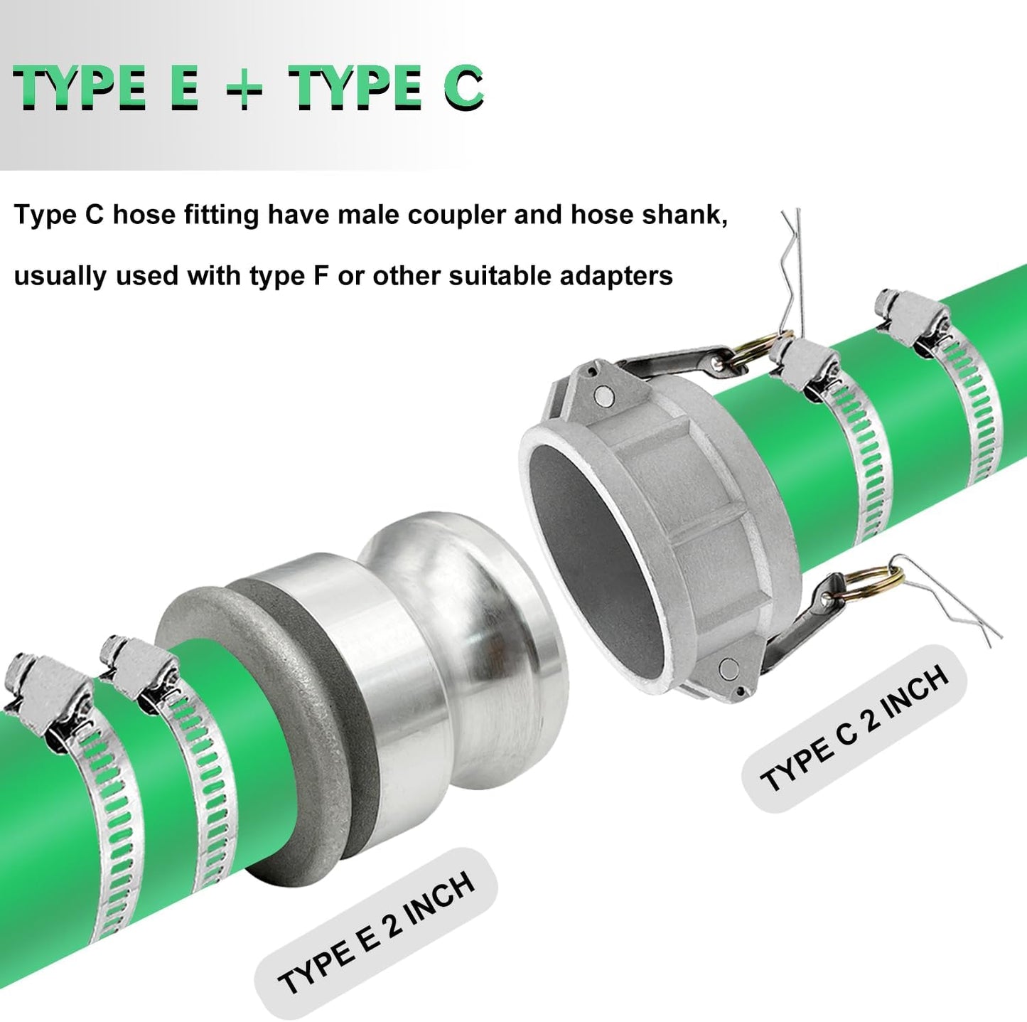 SAFBY 2PCS 2 inch Type C and Type E, Pin Lug, Aluminum Cam Lock Fittings Cam Groove Camlock, Male and Female Adapter with Hose Fitting 2PCS Whip Stop Hose Restraint 6PCS Hose Clamps
