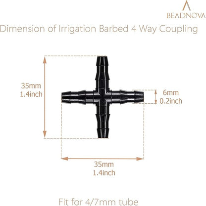 BEADNOVA Drip Irrigation Connectors 20 Pcs 1/4 Inch Barbed 4 Way Couplings Irrigation Connectors for 1/4 Inch Drip Tubing Water Tubing Gardening Supplies (20pcs)