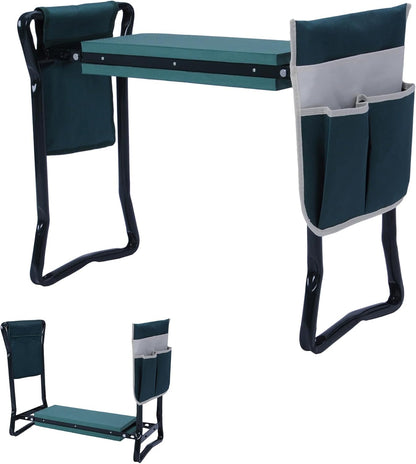LUCKYERMORE Folding Garden Kneeler and Seat, 2 in 1 Kneeling Pad and Stool with Tool Pouches, Portable Kneeler Seat with Soft Kneeling Pad for Gardening, Outdoor Garden Stool Support Up to 300 lbs