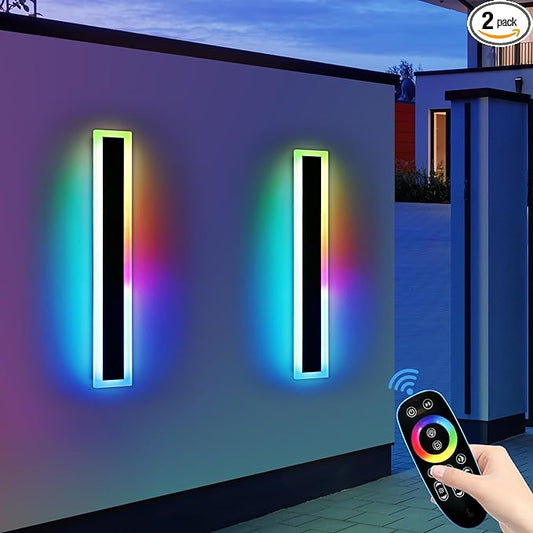 Widened 2 Pack Modern Outdoor Wall Sconces, 31.4inch RGB Dimmable LED Lights, IP65 Waterproof, 10 Colors, 5 Modes, Black Linear Exterior Lighting for Patio, Yard, Garage with Remote Control