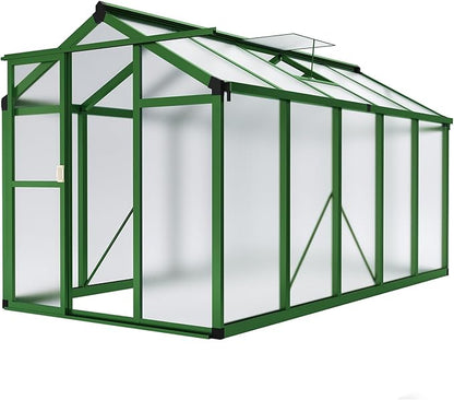 6x10 FT Polycarbonate Greenhouse with Roof Vent - Large Aluminum Walk-in Greenhouse Kit for Gardening, Backyard, Patio, Lawn - Easy Assembly
