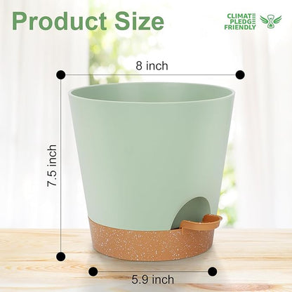 8-Inch Plant Pots, Self-Watering Planters with Drainage Holes & Saucers for Indoor and Outdoor Plants (2-Pack, Green)