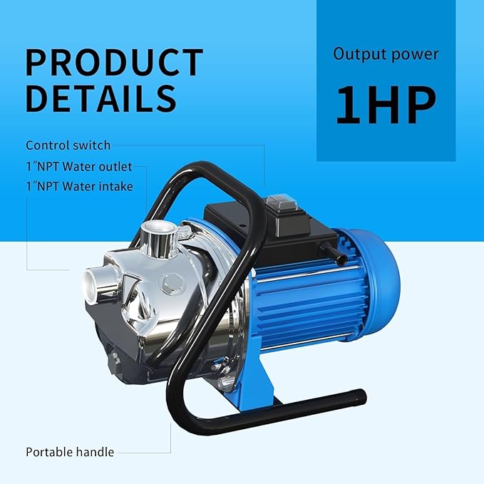 FOTING 1HP Portable Shallow Well Pump, 876GPH Garden Pump Stainless Steel, 125FT Jet Pumps, Water Pressure Booster Pumps, Water Transfer Lawn Draining Sprinkler Garden Irrigation