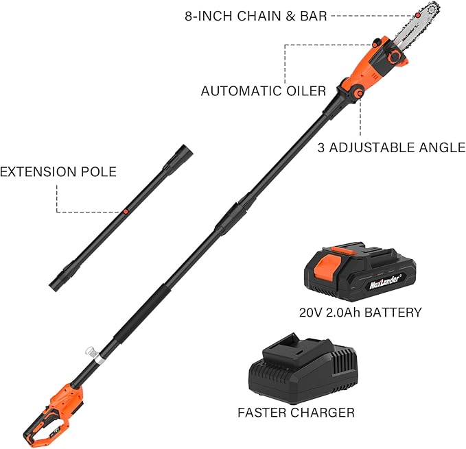 Pole Saw 8-Inch Cordless Pole Saws for Tree Trimming, 15-Feet MAX Reach Electric Pole Saw, 16ft/s Cutting Speed Auto Oiling Multi-Angle Pole Chainsaw with 20V 2.0Ah Battery & Charger
