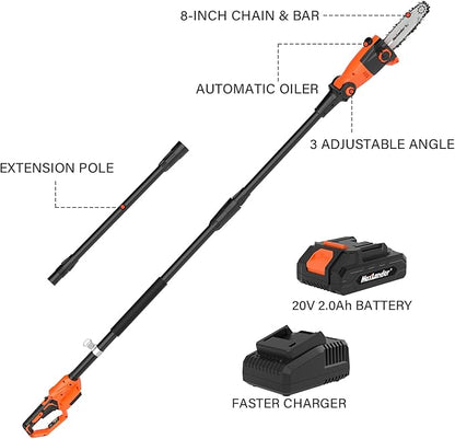 Pole Saw 8-Inch Cordless Pole Saws for Tree Trimming, 15-Feet MAX Reach Electric Pole Saw, 16ft/s Cutting Speed Auto Oiling Multi-Angle Pole Chainsaw with 20V 2.0Ah Battery & Charger