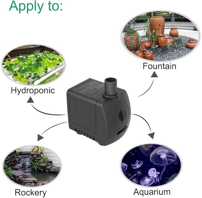 Submersible Pump 150GPH (550 L/H 9.5W) Ultra Quiet with Over Heating Protection 4ft High Lift for Fountains, Hydroponics, Ponds, Aquariums & More