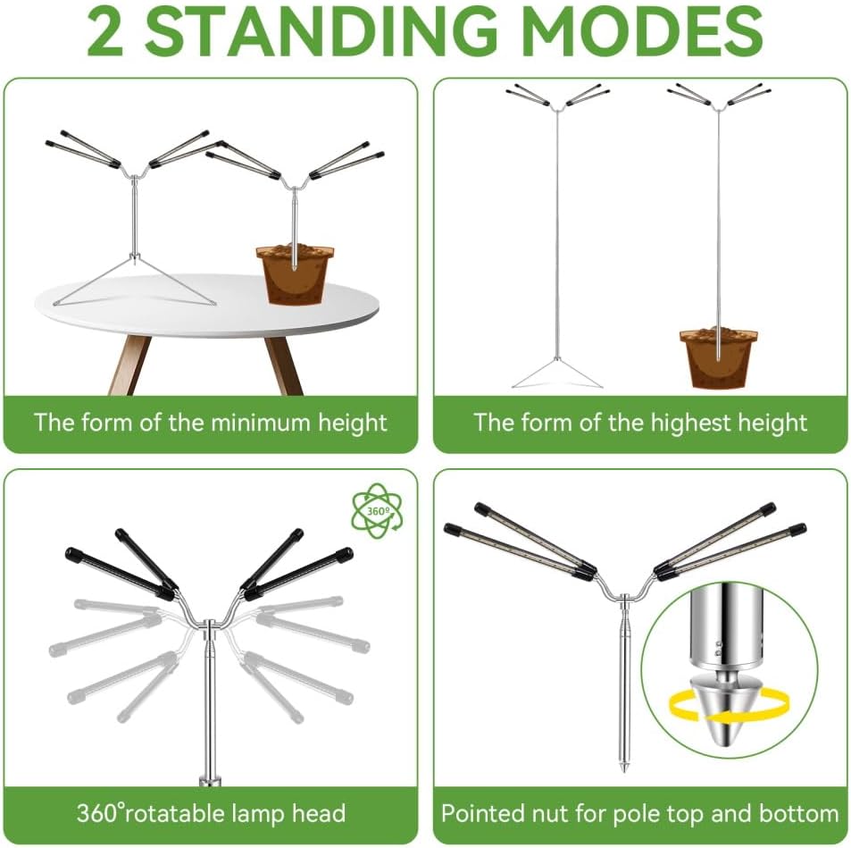 Grow Lights for Indoor Plants Full Spectrum,15-62 Inches Height Adjustable Dsektop and Standing Plant Growing Lamps with Detachable Tripod Stand, Auto On/Off Timer (Full Spectrum, Four Heads)