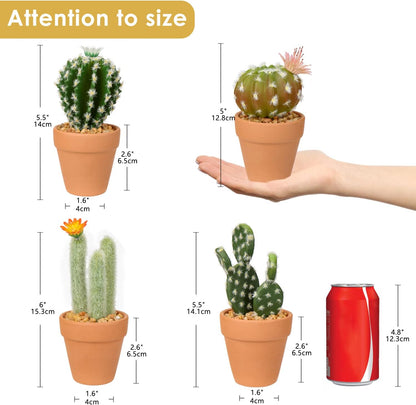Oairse Mini Artificial Cactus Plants in Terracotta Pots 4 Pcs Potted Faux Succulents in Pots Fake Potted Plants Cactus Decor Small Artificial Plants for Home Decor Indoor Office Desk Tabletop Shelf