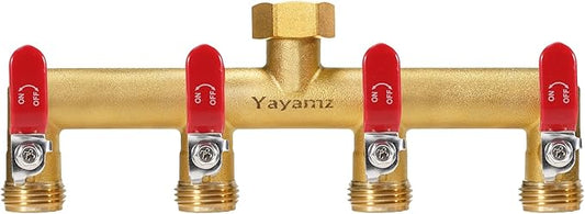 Garden Hose Splitter, 3/4” Rust and Freeze Resistant Outdoor Hose Manifold with 4 Red Extra Long Handles Faucet Adapter-Heavy Duty Brass 4-Way Valve