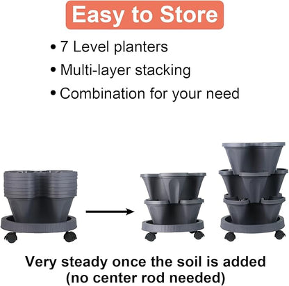 Vertical Planter 7 Tier Stackable Planters Garden Planters Strawberry Herb Flower and Vegetable Planter Indoor Outdoor Gardening Pots with Removable Wheels and Tools