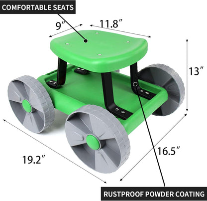 Garden Stool with Wheels, Lightweight Garden Scooter Rolling Seat Cart with Tool Tray and Foam Kneeler Pad for Gardening Work Supplies