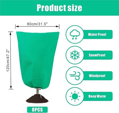 8 Pack Plant Covers Freeze Protection, 31.5"x47.2" Frost Blankets with Zipper Drawstring, Winter Cold Weather Plant Protection Jacket for Outdoor Plants Potted Shrubs Trees from Freeze Animals, Green