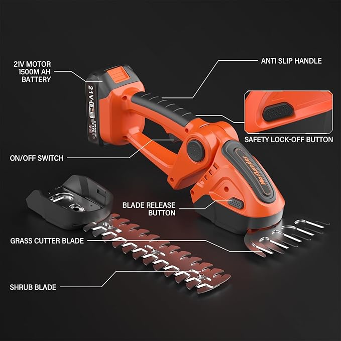 MAXLANDER Cordless Grass Shears & Hedge Trimmer, 2-in-1 Handheld Grass Trimmer/Shrubbery Trimmer, 21V Battery Operated Hedge Trimmer for Garden/Lawn with Battery and Charger