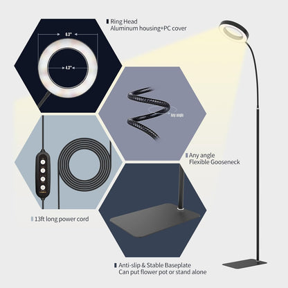 GLOWRIUM Grow Lights for Indoor Plants,20W Full Spectrum LED Plant Light with Stand,Adjustable Height,3/9/12H Timer,6 Dimmable Levels & 3 Lighting Modes (Black-Single Head)