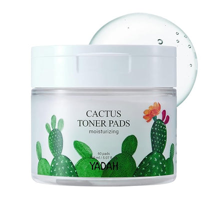 YADAH Cactus Toner Pads 5.07 Fluid Ounce 60 Count, Cruelty Free Facial Cleansing Exfoliator Toning Hydrating Treatment Wipes for Clear Pores Acne Prone Oily Dry Sensitive Skin