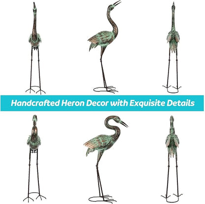 Shorayn Garden Crane Statues, Blue Heron Sculptures for Outdoor, Cranes Decor Metal Bird, Patina Garden Art Lawn Ornaments for Yard Patio Porch Outside Decorations
