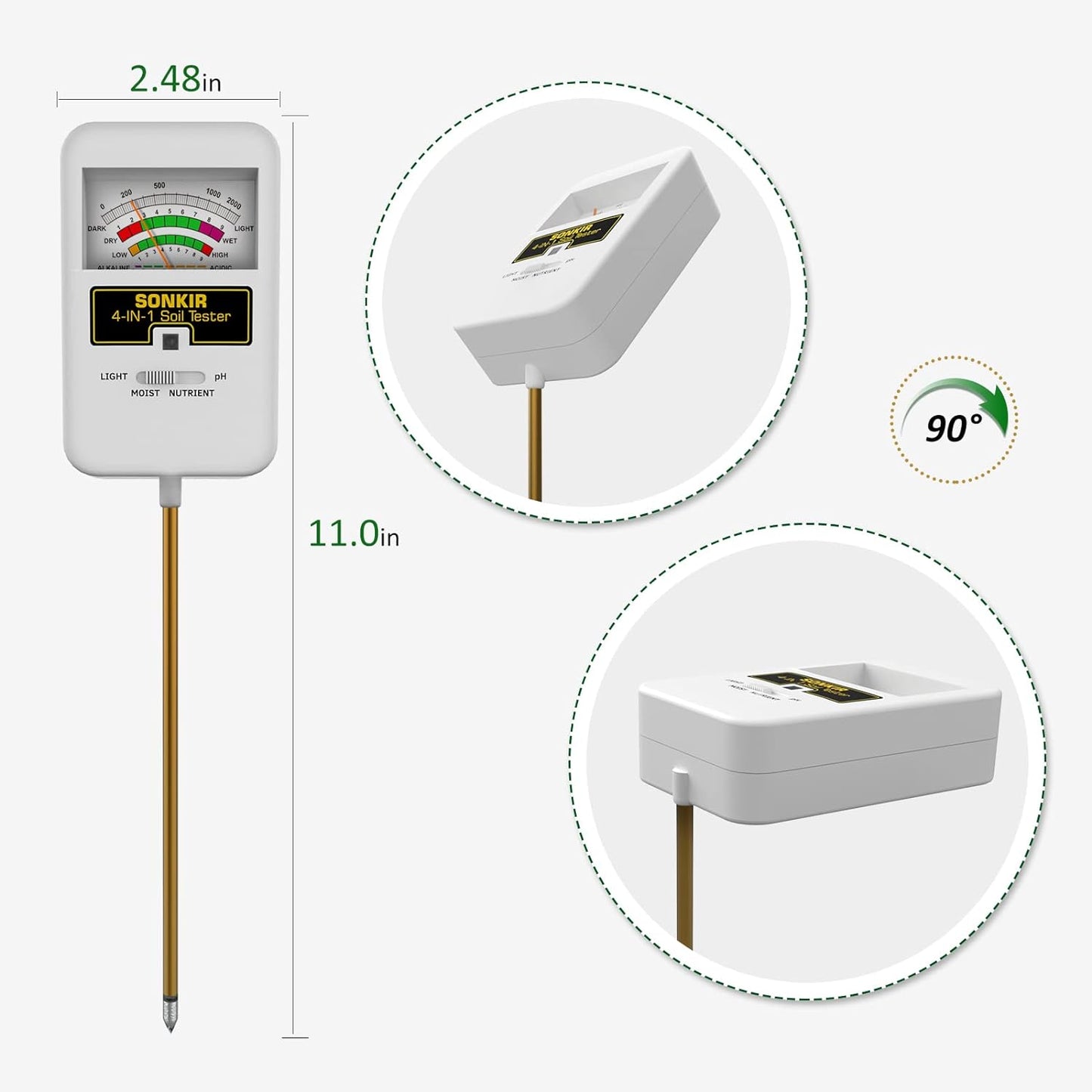 SONKIR Soil Moisture Meter, 4-in-1 Soil Ph Meter, Soil Tester for Nutrients, Moisture, PH and Light, Soil Ph Test Kits for Plant, Great for Garden, Lawn, Indoor & Outdoor Use (No Battery Required)