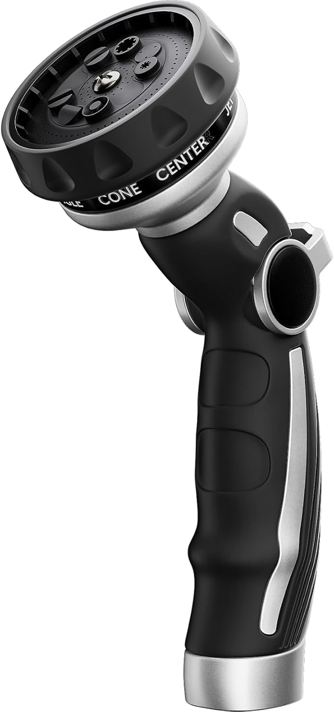 RESTMO Water Hose Nozzle, Metal Garden Hose Sprayer, Heavy Duty | 9 Spray Patterns | High Pressure | Thumb Flow Control, Ideal for Outdoor Lawn & Plant Watering, Car & Pet Washing, Silver